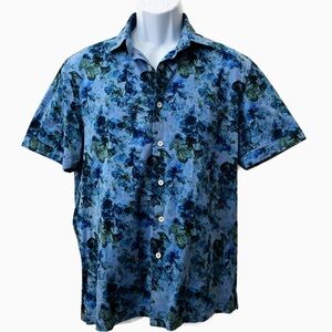 Bugatchi, Floral Short Sleeve Button Down 8 way stretch Shirt Preppy Office Wear